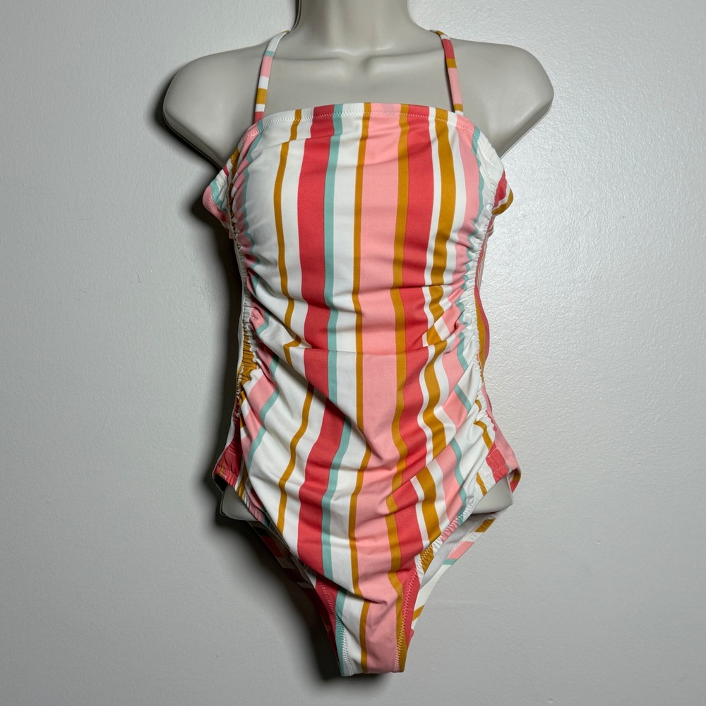 Kona Sol Womens One Piece Swimsuit‎ M Pink Orange Striped Retro Ruched Vacation